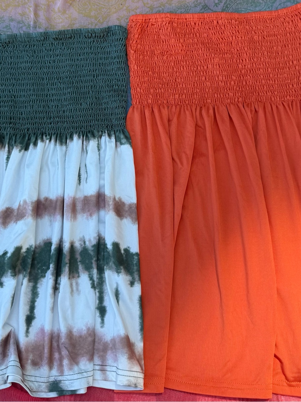 Smocked Tube Top Duo - Forest Green Tie-Dye & Bright Coral